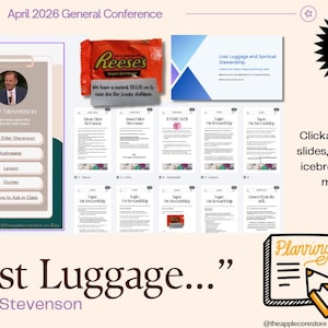 May include: Digital lesson plan titled "Lost Luggage" with a presentation by Elder Stevenson. Includes a Reese's candy bar, a digital lesson plan, and a planning notepad. The lesson plan is a PDF with slides, icebreakers, and more.