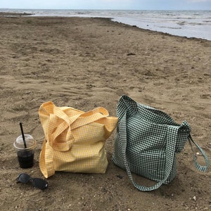 Gingham tote bag | Yellow Gingham Tote Bag | Green Gingham Tote Bag | Shopping bag | Reusable Tote Bag | Natural Tote Bag | Gift for Friends