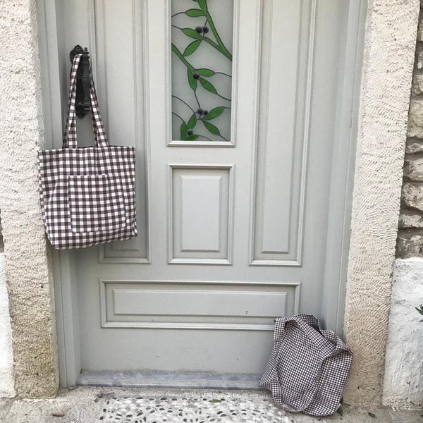 Brown Gingham Tote Bag | Checkered Shopping Bag | Reusable Natural Tote Bag | Shopper Bag | Aesthetic Pinterest Style Tote | Gift for Her