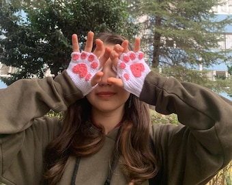 Crochet cat paw mittens fingerless gloves,cute gift for cat lovers,white and pink kitten mitten,hand warmers,handmade crochet winter gloves