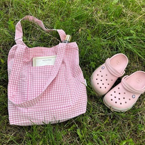 Pink Gingham Tote Bag / Shopping Bag | Summer Beach Tote Bag | Linen Bag | Natural Grocery Shopping Bag | Eco Friendly Bag | Gift for Her