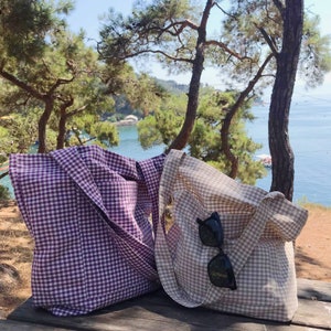 Tote Bag / Shopping Bag | Purple and Cream Summer Tote | Gingham tote bag | Linen Bag | Natural Grocery Shopping Bag | Eco friendly bag|Gift