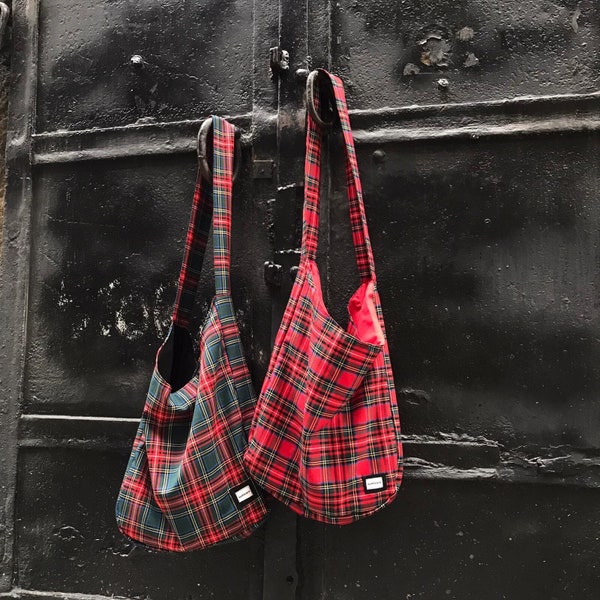 fourre-tout tartan rouge et vert | Sac à bandoulière à carreaux de grande capacité | Sac à provisions à bandoulière écologique en tissu Royal Stewart | Sac d'épicerie réutilisable