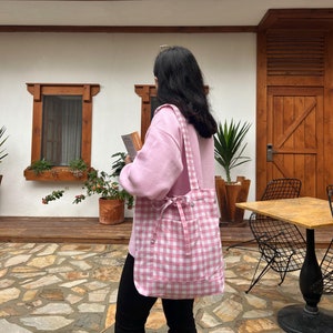 fourre-tout/sac à provisions en vichy avec noeud rose | fourre-tout de plage d'été | Sac en lin | Sac d'épicerie | Sac de pique-nique | Sac écologique | Cadeau pour elle