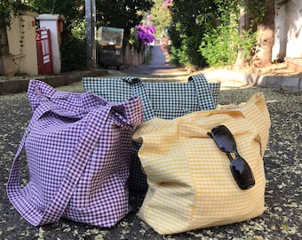 Tote Bag / Shopping Bag | Colorful Gingham Tote Bag | Linen Bag | Natural Grocery Bag | Eco friendly bag | Handmade Totes | Gift for Her