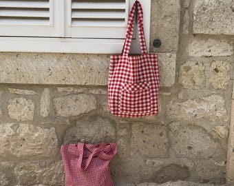 Tote Bag / Shopping Bag | Red Gingham Tote Bag | Linen Shoulder Bag | Natural Grocery Bag | Market Bag | Eco-friendly Bag | Gift for Her