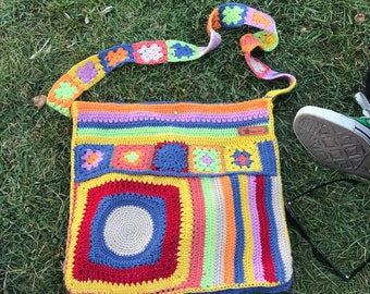 Handmade Colorful Crochet Tote Bag,Granny Square Bag,Crochet Purse,Boho Bag,Retro Bag,Afghan Bag,Hippie Bag,Vintage Style Bag,Gift for Her