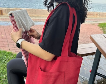 Tote Bag / Shopping Bag | Red Shoulder Bag | Red Linen Tote Bag | Natural Grocery Bag | Market Bag | Eco-friendly Bag | Gift for Her