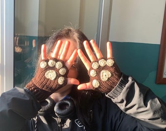 Crochet cat paw mittens fingerless gloves,cute gift for cat lovers,brown and beige kitten mitten,hand warmers,handmade crochet winter gloves