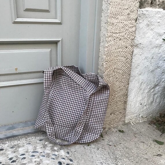 Brown Gingham Tote Bag | Checkered Shopping Bag | Reusable
