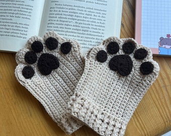 Crochet cat paw mittens fingerless gloves,cute gift for cat lovers,beige and brown kitten mitten,hand warmers,handmade crochet winter gloves