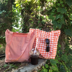 Orange Gingham Tote Bag | Reusable Shopping Bag | Linen Book Bag | Natural Grocery Bag | Market Bag | Eco-friendly Bag | Gift for Her,Mom