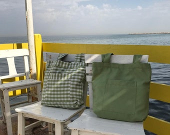 Green Tote Bag | Green Gingham Tote Bag | Grocery Bag | Natural Shopping Bag | Linen Tote Bag | Eco friendly bag | Reusable | Handmade