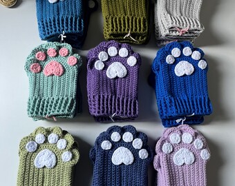 Crochet cat paw mittens fingerless gloves, Cute gift for cat lovers, Knitted kitten mitten hand warmers, Handmade crochet winter gloves