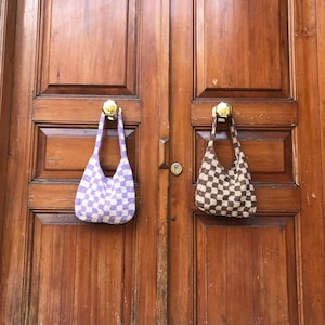 Checkered Crochet Bag | Purple and Brown Checkered Baguette Shoulder Bag | Hand Knit Purse | Checkerboard Crochet Mini Bag | Gift for Her