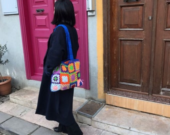 Colorful Crochet Tote Bag | Crochet Bag | Granny Square Bag | Crochet Purse | Boho Bag | Retro Bag | Afghan Bag | Hippie Bag | Gift for Her