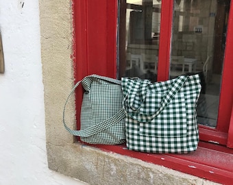 Tote Bag / Shopping Bag | Dark Green Gingham Tote Bag | Linen Bag | Natural Grocery Bag | Eco friendly bag | Reusable Tote Bag| Gift for Her