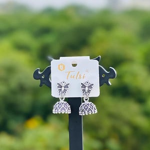 Oxidized Silver Jhumka Earrings: Floral Dome, Boho Indian Jewelry