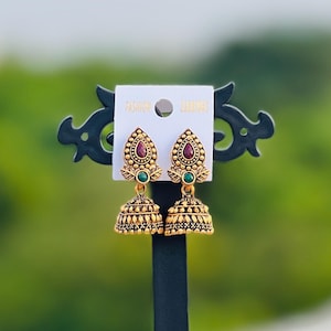 Antique Gold Plated Jhumka Earrings | Traditional Temple Jewelry | Ethnic Indian Dangle Earrings | Boho Festival Jewelry for Women