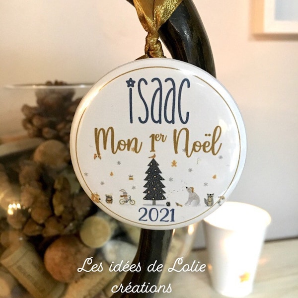 BOULE BADGE de NOËL / Badge de noël / Cadeau personnalisé / Sapin / Noël / Enfant / Souvenir / Décoration / 1er Noël