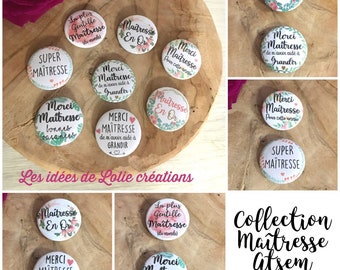 CADEAU MAITRESSE ATSEM / Nounou / Cadeau école / Cadeau fin d'année / Coffret / Badge / Magnet / Miroir de poche / Marque-page / Merci