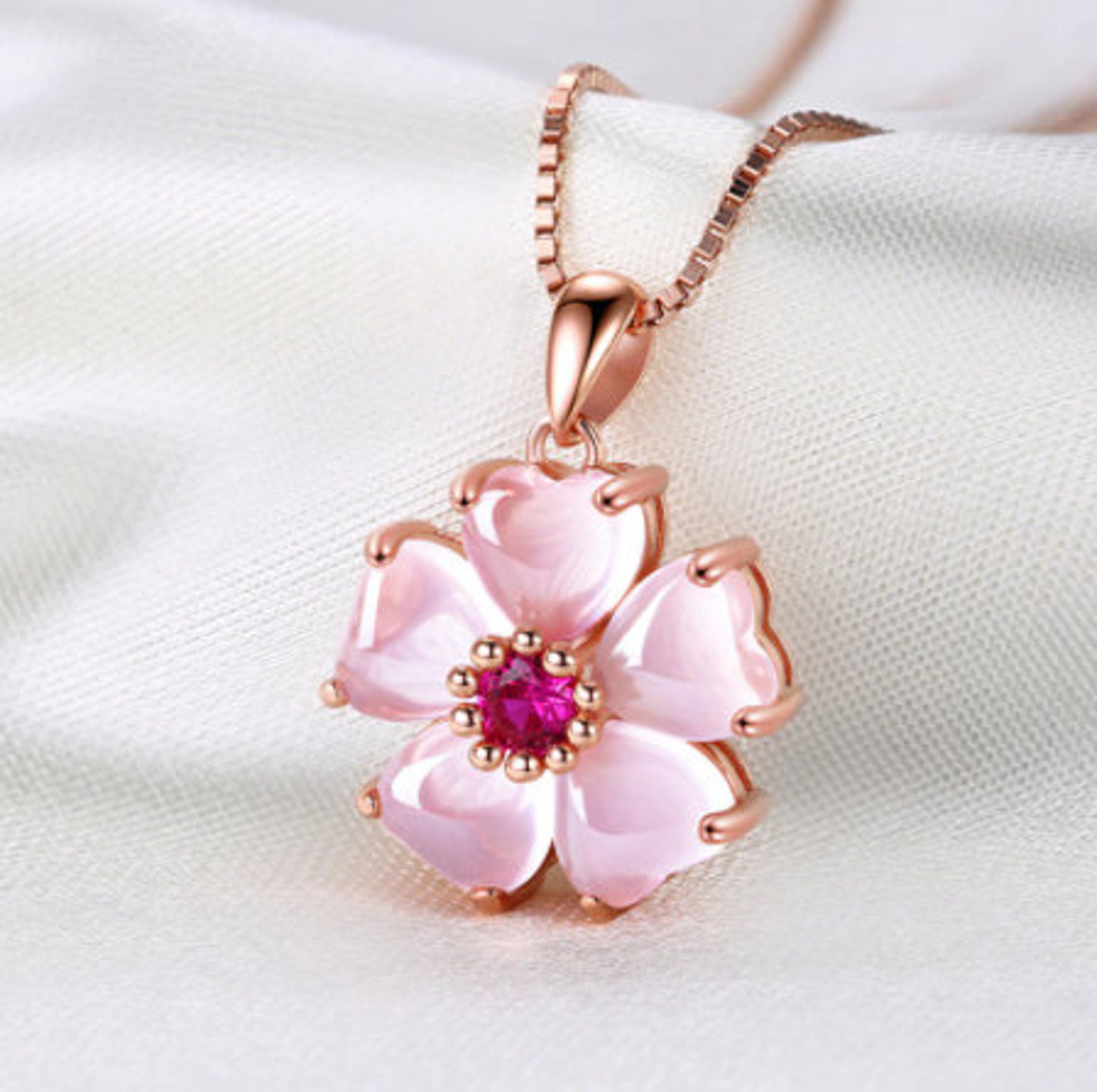 Rose Gold Colored Cherry Blossom Heart Necklace Etsy