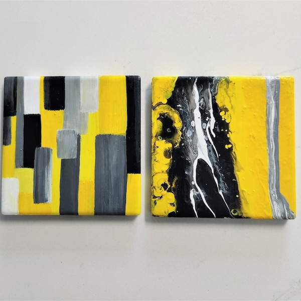 Modern Yellow - 4x4 inch Custom Ceramic Paintings (Set of 2), Hand-painted, Cork-backed, Can be used as coasters