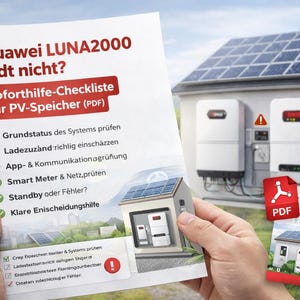 Könnte beinhalten: Eine Person hält ein Dokument mit dem Text "Huawei LUNA2000 lädt nicht?" und einer Checkliste für PV-Speicher. Das Bild zeigt auch ein Haus mit Sonnenkollektoren und Huawei Energiespeichern.