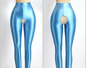 Leggings d’entrejambe ouverts bleus - Body en satin Spandex - Collants mi-taille Collants sexy Bas