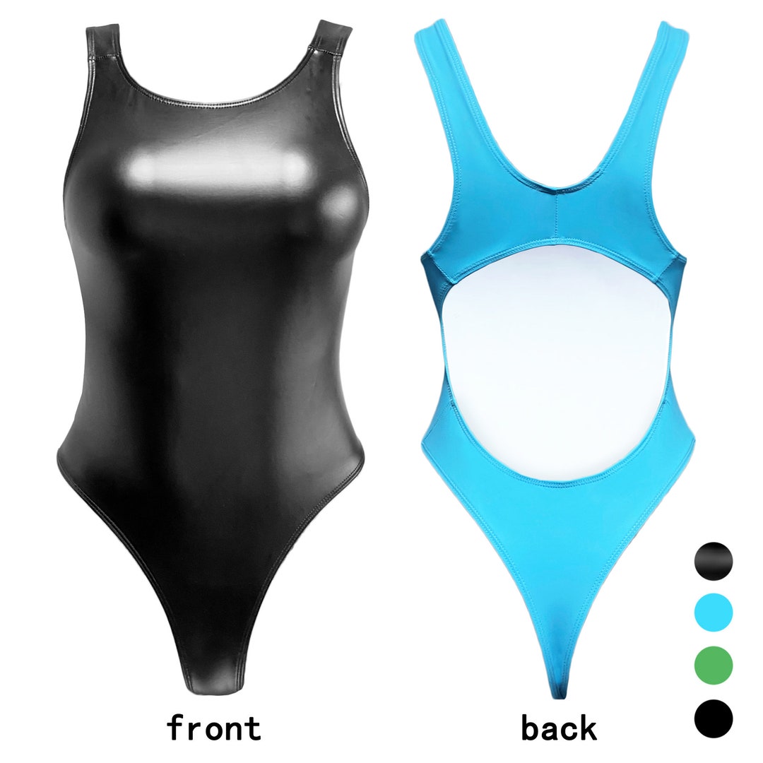 Open Back One Piece Seamless Swimsuit PU Leather Backless