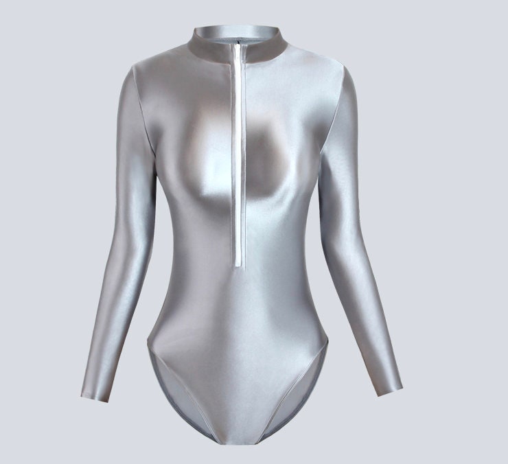 Women's Shiny Metallic Bodysuit Long Sleeve High Cut Thong Leotard Clubwear  