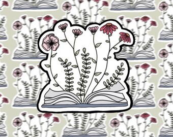 May include: A sticker featuring a colorful bouquet of flowers growing from an open book. The flowers are pink, red, and white, and the book is white with blue accents.