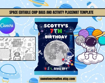 Editable Astronaut Outer Space Theme Chip Bag and Activity Placemat Template