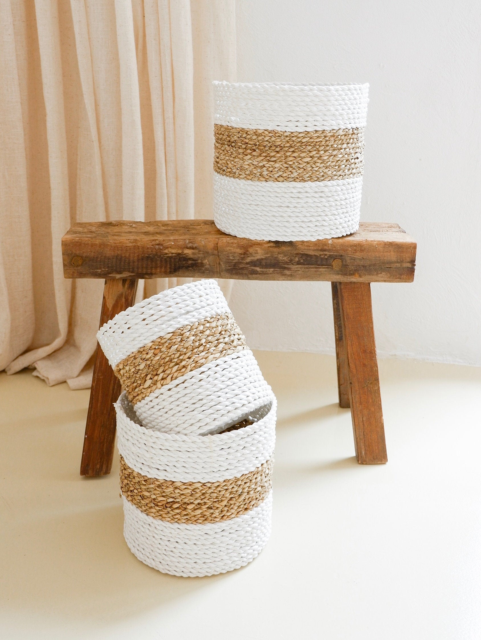 Conjunto de 3 cestas de almacenamiento natural tejidas a mano | Etsy