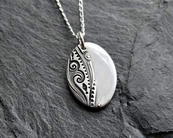 Oval patterned pure silver necklace, gift for her, Christmas gift for her, pure silver necklace, handmade necklace, gift for mum, silver