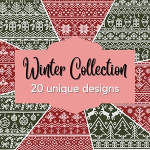 May include: A collection of 20 unique winter-themed patterns in red, green, and white. The patterns feature snowflakes, reindeer, Christmas trees, and other winter motifs. The text "Winter Collection 20 unique designs" is displayed in a pink banner.