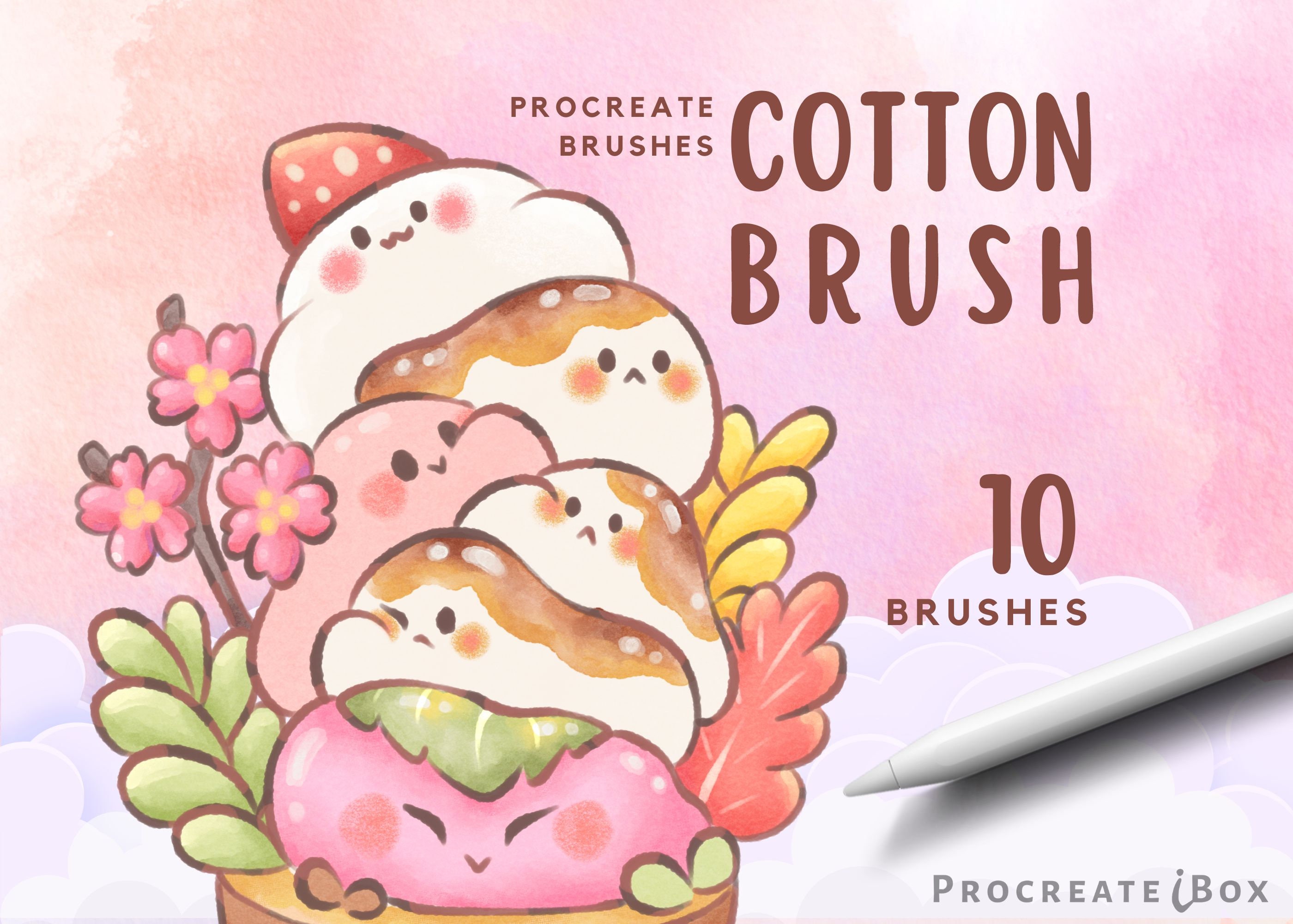 Set de pinceles de algodón Kawaii para Procreate – 10 pinceles suaves, húmedos y con textura para arte tierno