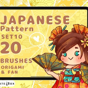20 Procreate Japanese Pattern Brushes: Origami, Fan, Wave design (Digital Download)