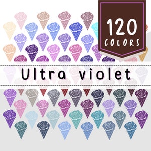 May include: A pattern of 120 ice cream cones with a rose on top. The cones are in shades of purple, pink, blue, and gray. The text "Ultra violet" is written in white on a white background.