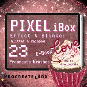 Puede incluir: Una ilustración digital de un cupcake con glaseado rosa y chispas. El cupcake está en la pantalla de una tableta con el texto "PIXEL iBox Effect & Blender Glitter & Rainbow 23 E-Book Procreate brushes" y "PROCREATE iBox" en la pantalla. El texto "Love" está escrito en rosa en el cupcake.