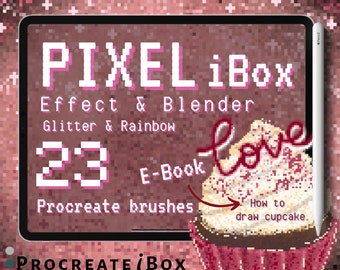 23 Pixel iBox Procreate Brushes: Pixel blender with Glitter & Rainbow effect, PDF tutorial