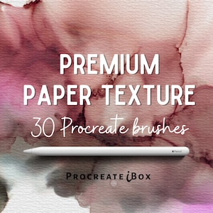 Pode incluir: Um close-up de uma ilustração digital de um fundo de aquarela com uma sobreposição de texto branco que diz "PREMIUM PAPER TEXTURE 30 Procreate brushes PROCREATE iBOX".