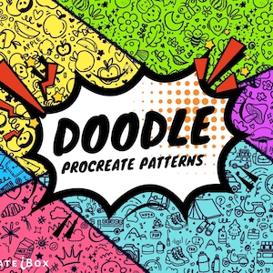 Puede incluir: Gráfico de arte digital colorido con la palabra "DOODLE" en una burbuja de diálogo, rodeado de patrones de garabatos. Los patrones incluyen manzanas, flores e ilustraciones temáticas de viajes. El texto "PROCREATE PATTERNS" también es visible.