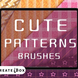 May include: A digital tablet displaying a set of Procreate brushes for creating cute patterns. The brushes are shown on the tablet screen, with the text "Cute Patterns Brushes" displayed in white letters on a pink and orange background. The tablet is on a purple background with a white stylus next to it.
