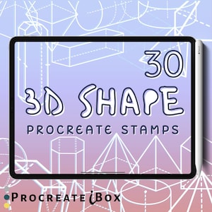 May include: A digital illustration of 30 different 3D shapes on a purple and pink gradient background. The text "30 3D SHAPE PROCREATE STAMPS" is displayed on the image.