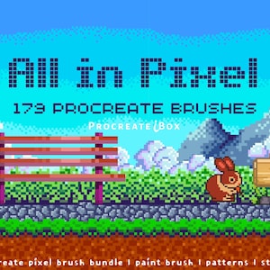 May include: A digital pixel art illustration featuring a park scene with a brown bench, a small brown rabbit, a wooden sign, and green bushes under a blue sky. The text reads All in Pixel, 179 PROCREATE BRUSHES, Procreate Box, and Procreate pixel brush bundle.