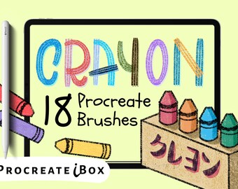 May include: A digital illustration of a box of crayons with the text "Crayon 18 Procreate Brushes" on a tablet screen. The crayons are in a variety of colors, including red, orange, yellow, blue, and green. The text "Procreate iBox" is also visible on the screen.