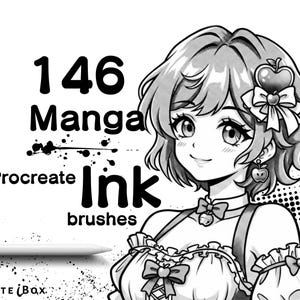 May include: A digital illustration of a character with short hair, wearing an apple-themed outfit and accessories, next to the text 146 Manga Procreate Ink brushes and a stylus. The artwork features black and white line art with halftone shading.