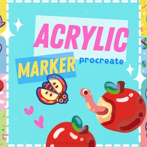 Op de afbeelding: Een digitale kunstafbeelding met de woorden "ACRYLIC MARKER procreate" in roze en geel. De afbeelding bevat cartoon illustraties van appels, een lieveheersbeestje en andere schattige karakters op een lichtblauwe achtergrond.