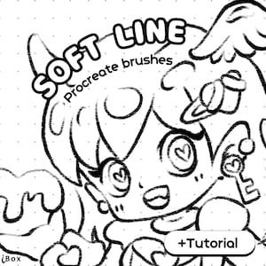 May include: Black and white line art illustration of a cartoon character with angel wings and a key. The text "SOFT LINE Procreate brushes" is arched above the character's head. A button with "+Tutorial" is at the bottom.
